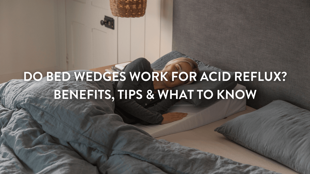 Person sleeping on their side on a Putnams memory foam wedge pillow for acid reflux in a large double bed