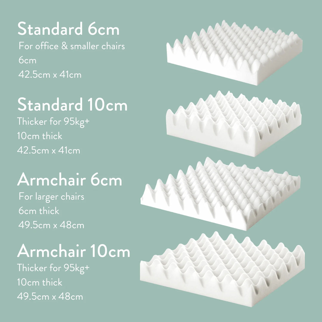 Tailbone Pain Cushion with a cut out for pressure relief at the back of the cushion. Stretch navy blue or black cover available in different sizes. High density foam with a 2 year guarantee.