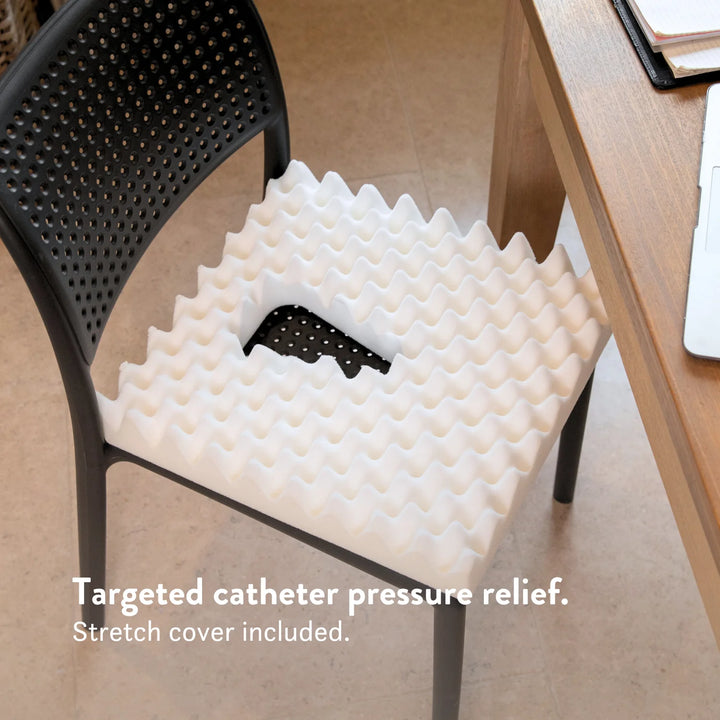 Catheter Cushion with cut out and discreet cover. High density foam handmade in the UK with a 2 year guarantee. Different sizes and colours available.