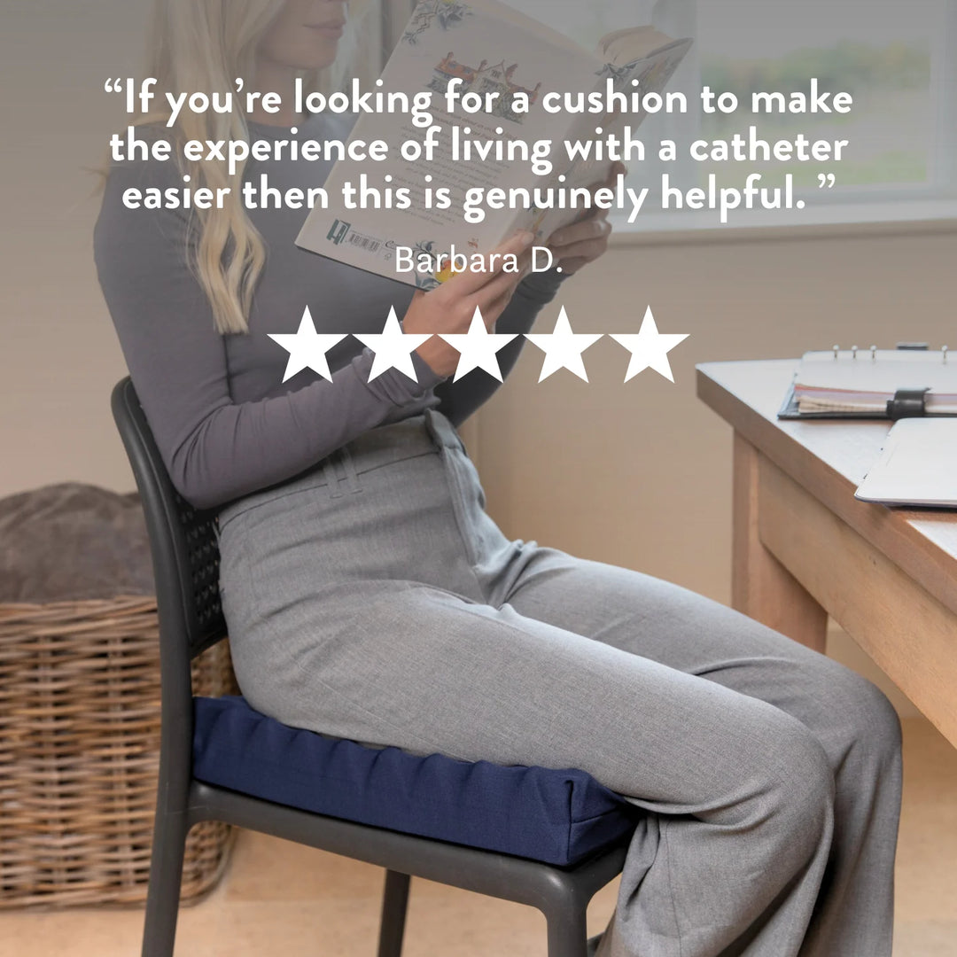 Catheter Cushion with cut out and discreet cover. High density foam handmade in the UK with a 2 year guarantee. Different sizes and colours available.