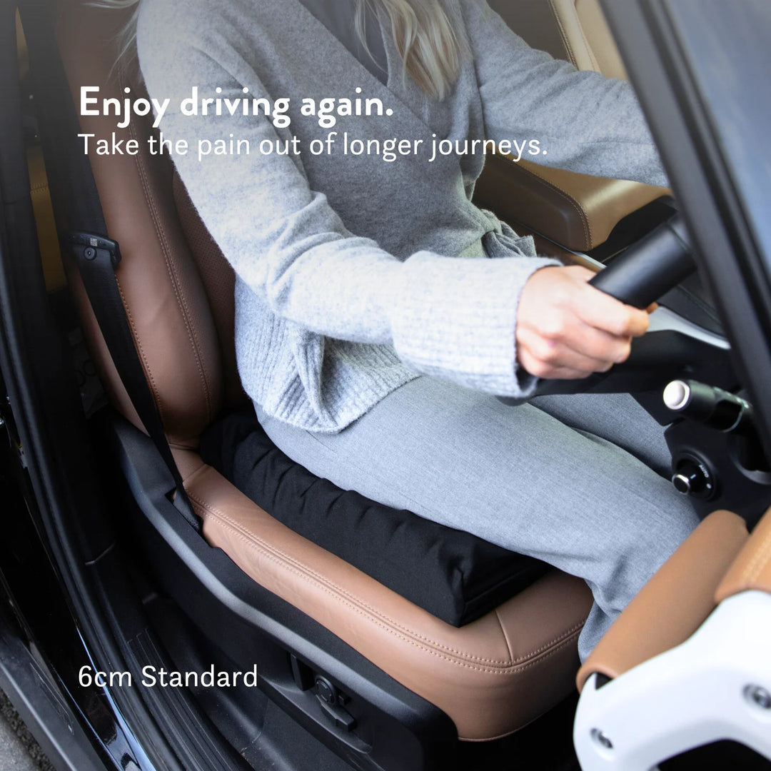 Tailbone Pain Cushion with a cut out for pressure relief at the back of the cushion. Stretch navy blue or black cover available in different sizes. High density foam with a 2 year guarantee.