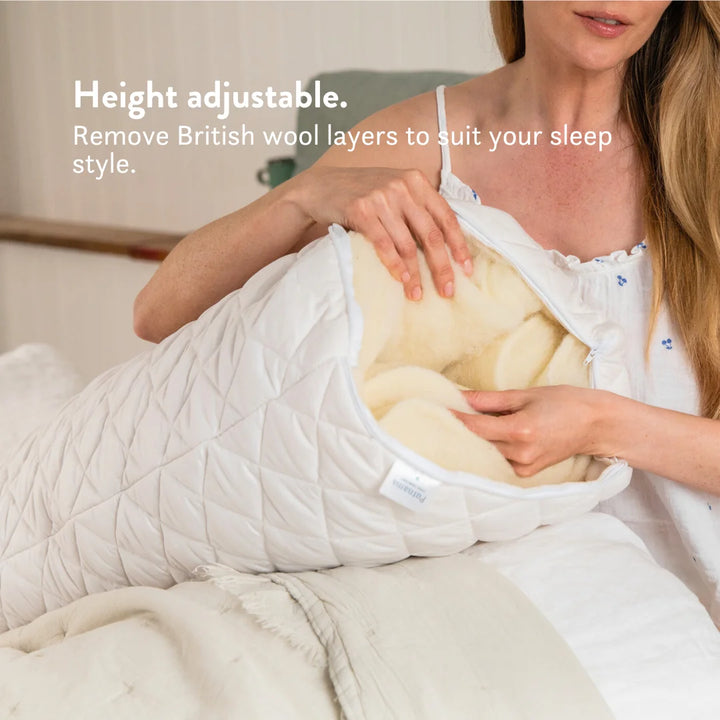 Height adjustable. Quilted British Wool Pillow with a 100% cotton cover handmade in the UK from traceable British wool. OEKO-TEX standard 100.