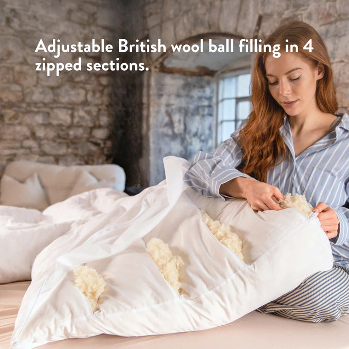 Bed wedge with adjustable organic British wool ball filling in 4 zipped sections. 
