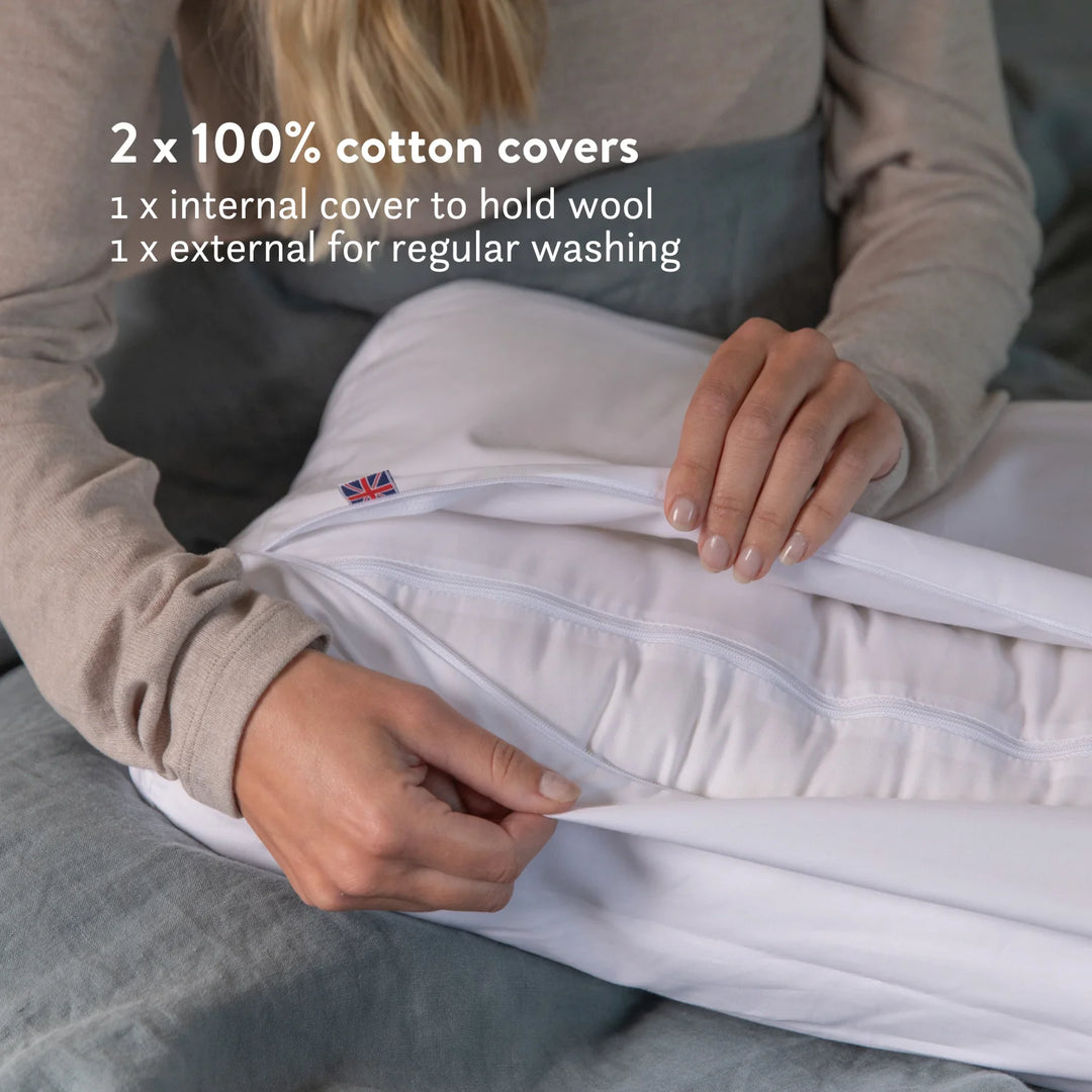 British Wool Contour Pillow - Natural, Anti-Allergy, Luxury Putnams Chemical free UK Best Wool pillow 100% cotton OEKO tex standard 100 handmade in the UK
