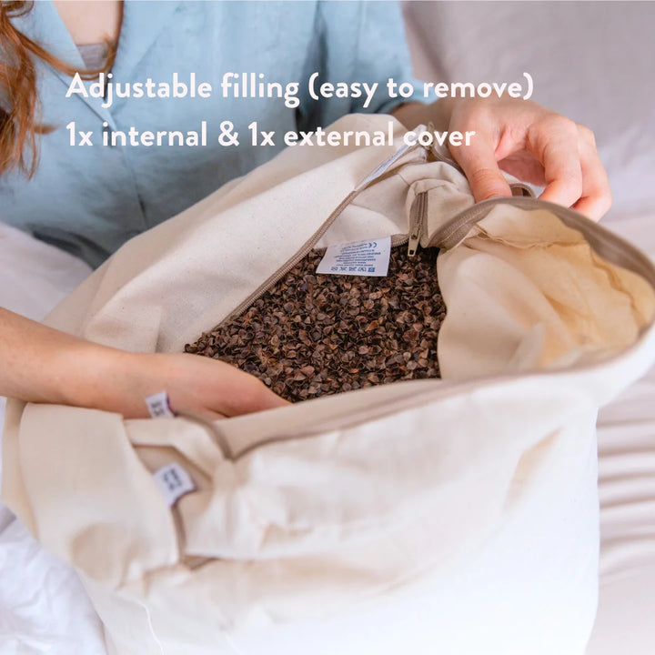 Organic Buckwheat Hull Pillow made in the UK - Putnams UK natural pillow alternative sustainable. Adjustable filling (easy to remove) 1x internal & 1x external cover