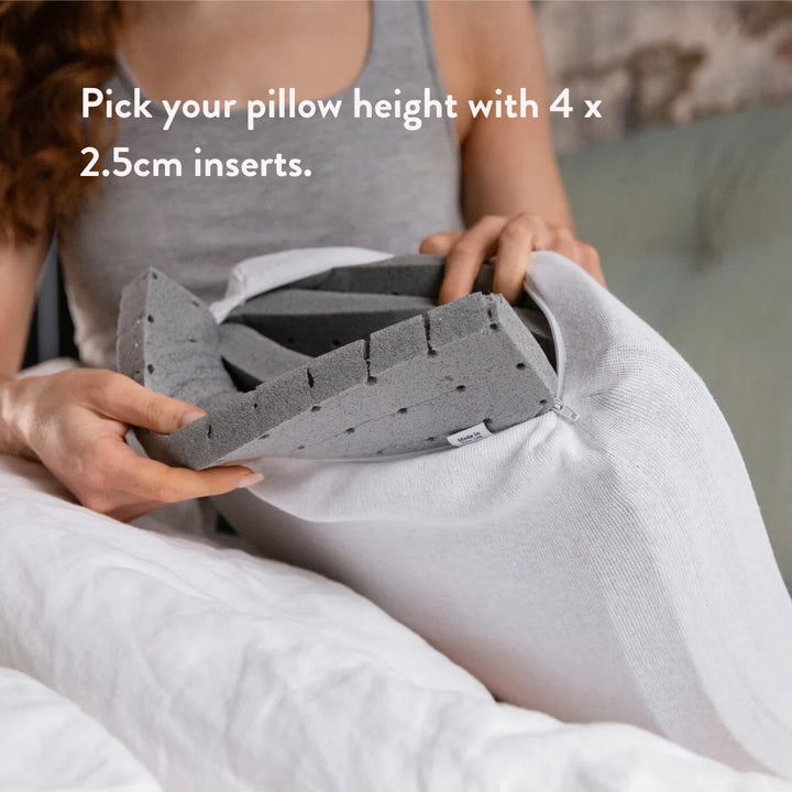 Graphite latex foam alternative natural chemical free plant made springy height adjustable cushion head neck shoulders Putnams UK. Pick your pillow height with 4 x 2.5cm inserts.