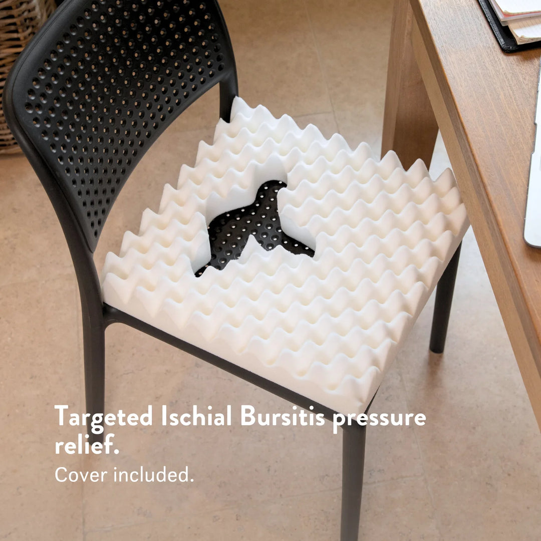 Ischial Bursitis Cushion for pressure relief and comfort- cut out discreet with cover. Handmade in the UK. 2 Year guarantee.