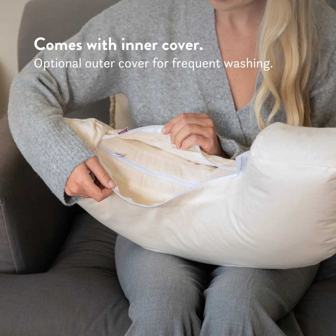 British wool Nursing Pillow - Bottle & Breastfeeding Pillow with unbleached 100% organic cotton cover and visible zip, placed on a bed OEKOTEX standard 100 natural plastic free