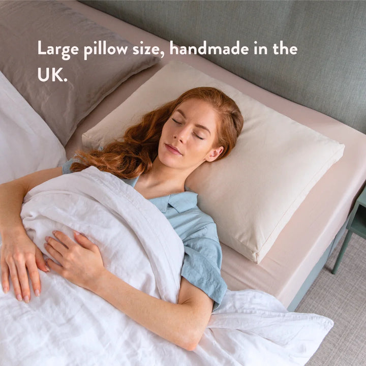 Organic Buckwheat Hull Pillow made in the UK - Putnams UK natural pillow alternative sustainable Extra large pillow size, handmade in the UK.