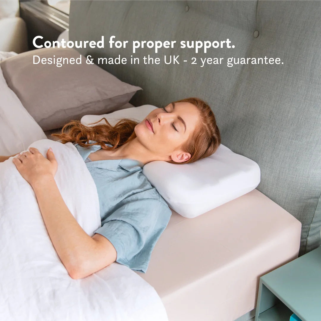 Contoured for proper support. Made in the UK with a 2 year guarantee. Putnam Memory Foam Pillow 100% cotton cover recommended by chiropractors Made in the UK orthopedic pillow 