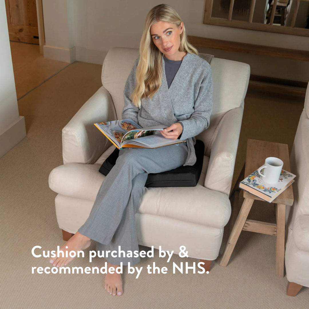 Sero Pressure Cushion Coccyx Cut Out - For tailbone pain and coccydynia. Discreet stretch cover available in different sizes and thicknesses. Handmade in the UK. 2 year guarantee.