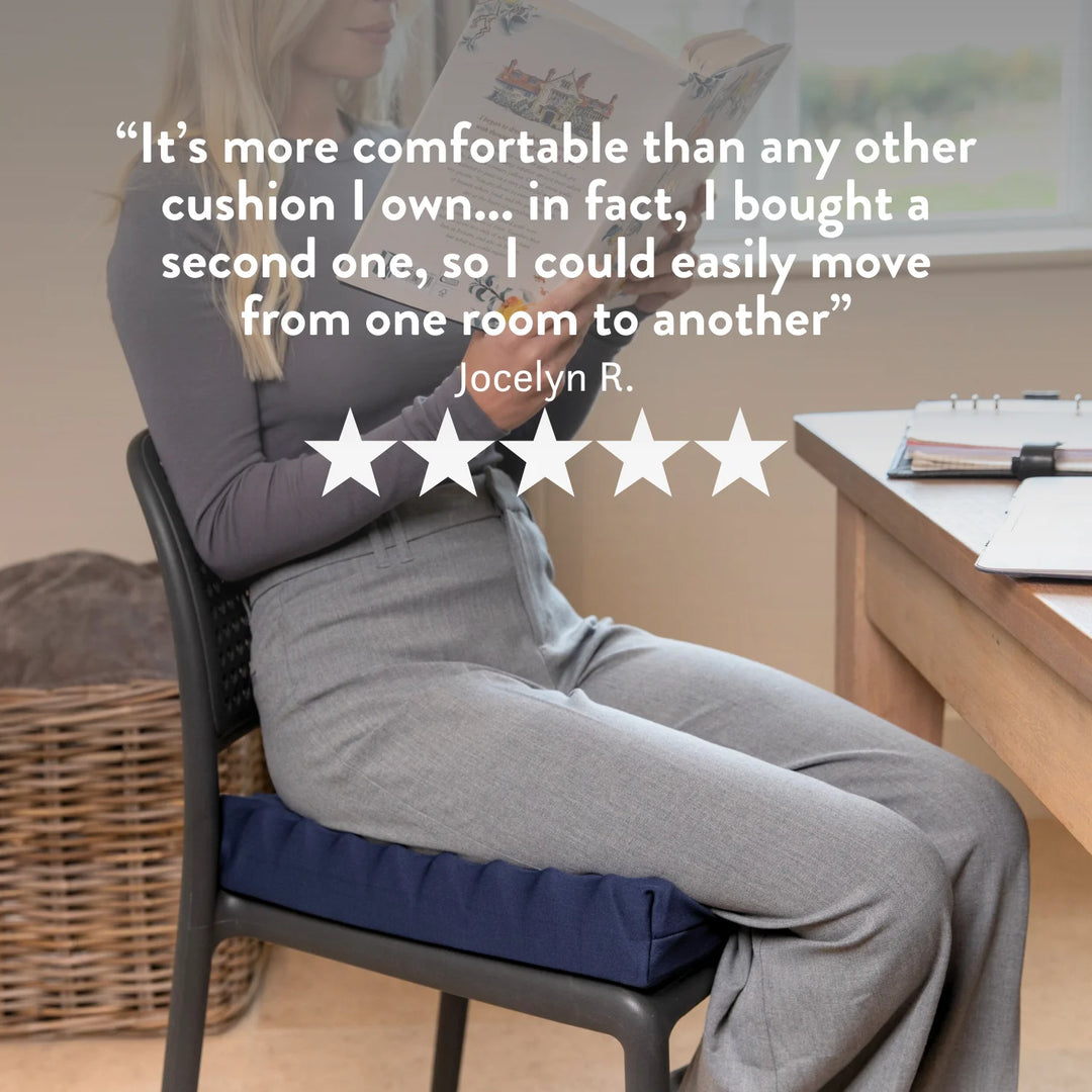 Sero Pressure Cushion Coccyx Cut Out - For tailbone pain and coccydynia. Discreet stretch cover available in different sizes and thicknesses. Handmade in the UK. 2 year guarantee.