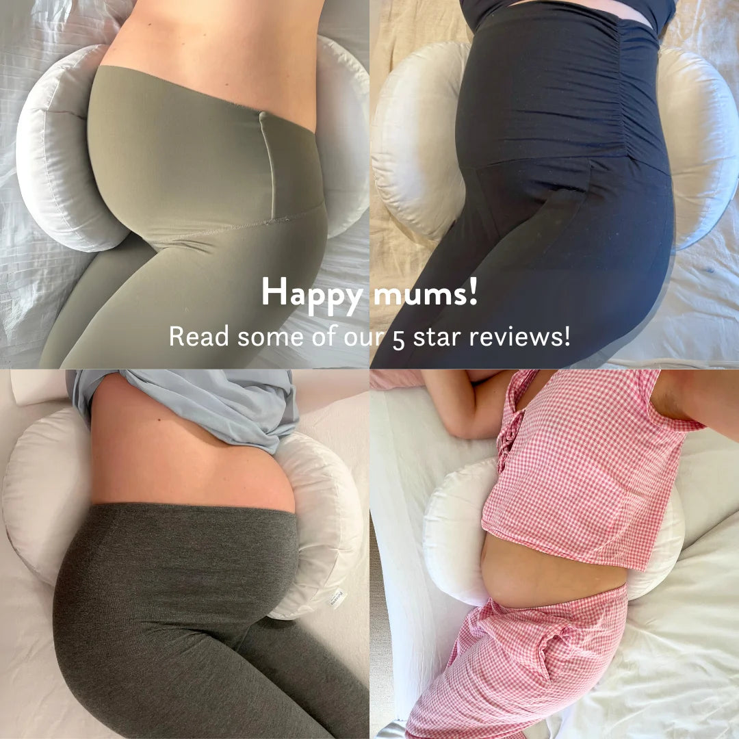 Images showing different people using a pregnancy pillow with text 'Happy mums! Read some of our 5 star reviews!'.