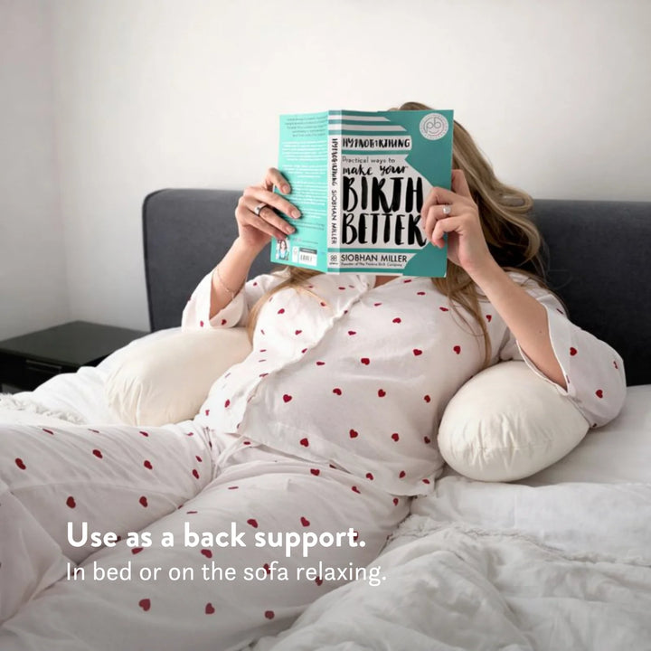 Organic cotton pregnancy pillow British wool Use as a back support. In bed or on the sofa relaxing.